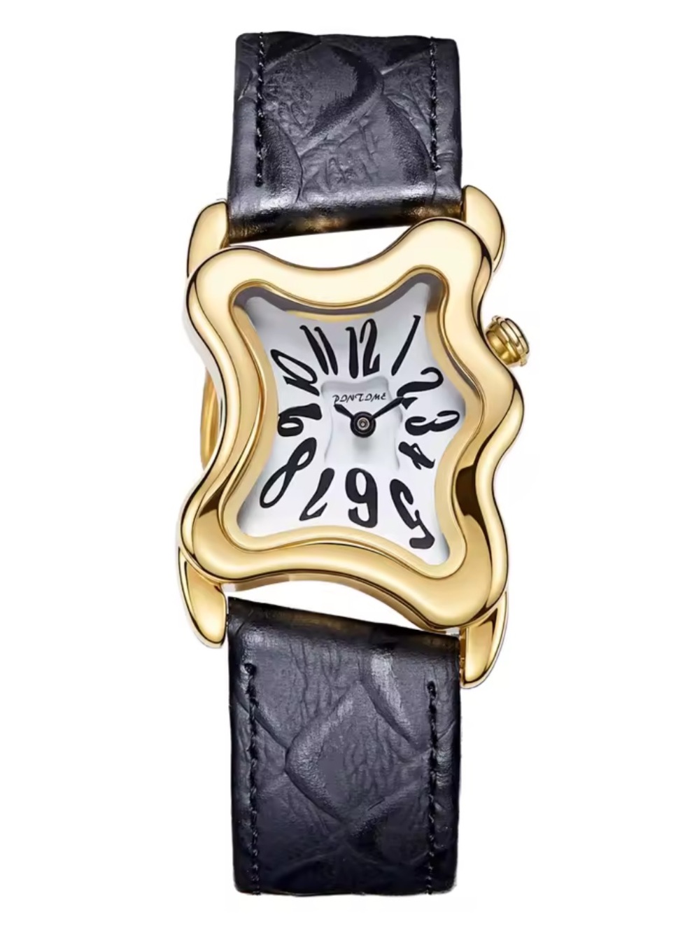 Gold-Tone Women's Sculpted Case Watch with Black Leather Strap